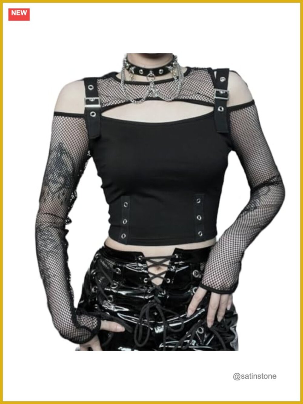 Women's Fishnet Crop Top Long Sleeve Mock Neck Punk Goth Shirt